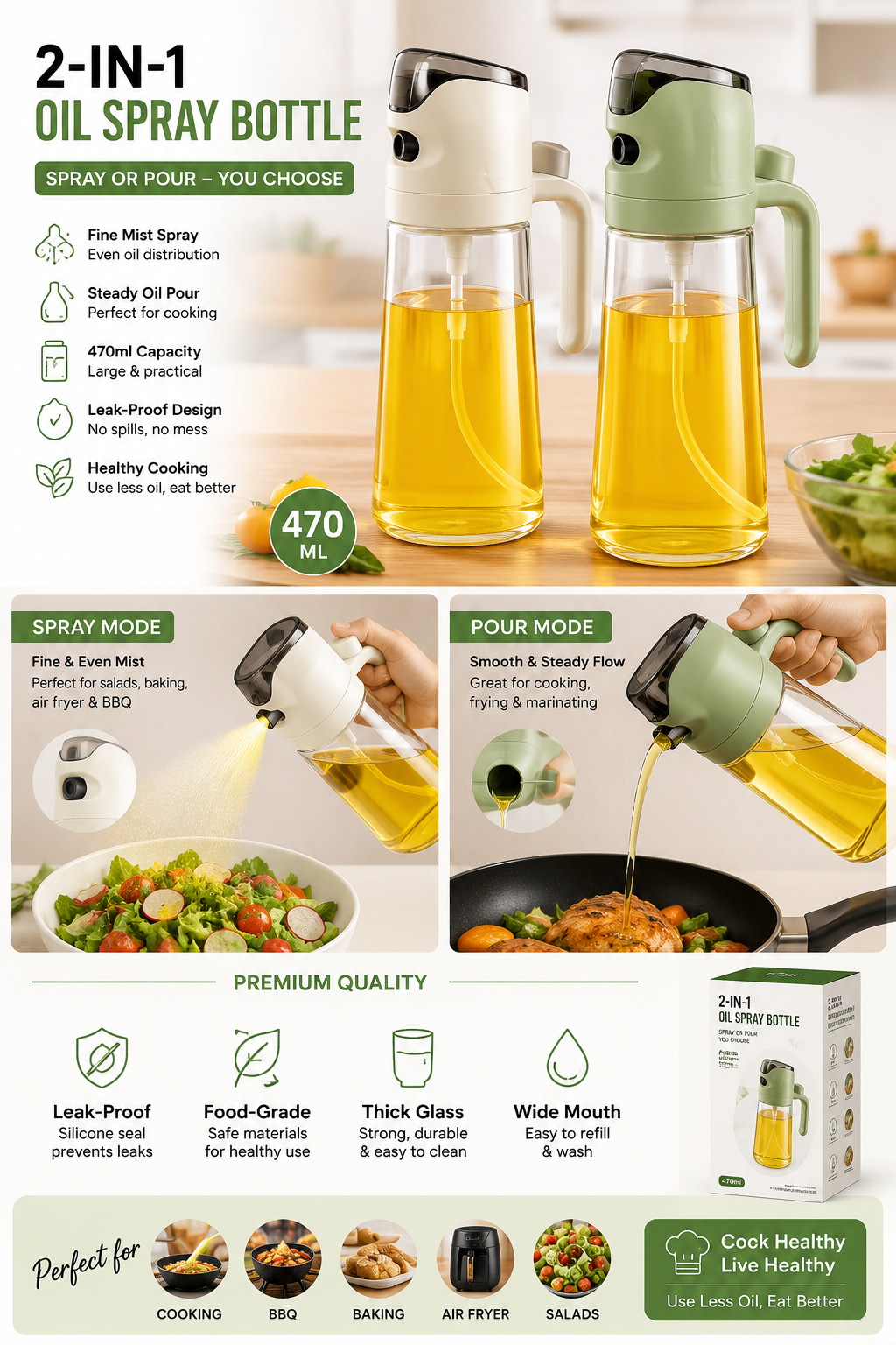 2-in-1 Oil Spray Bottle – Spray & Pour, Leak-Proof Kitchen Dispenser