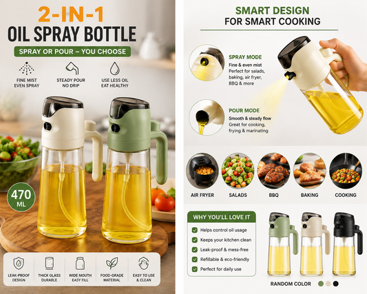 2-in-1 Oil Spray Bottle – Spray & Pour, Leak-Proof Kitchen Dispenser