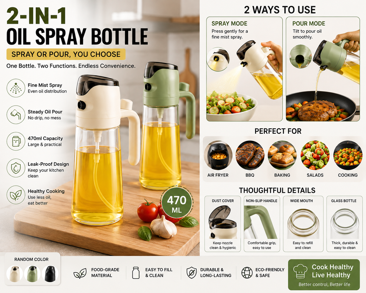 2-in-1 Oil Spray Bottle – Spray & Pour, Leak-Proof Kitchen Dispenser